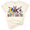 A cheerful Easter scene featuring a rabbit, daisy flowers, eggs, football, and soccer motifs in a playful style.