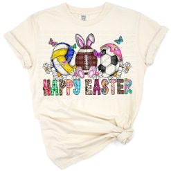 A cheerful Easter scene featuring a rabbit, daisy flowers, eggs, football, and soccer motifs in a playful style.