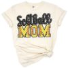 Bold retro softball mom graphic with colorful letter art and sporty accents.
