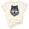 A hand illustrated wolf portrait set against a mountain background with detailed eyes and natural textures.