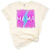 A vibrant pink lightning bolt with stacked 'mama' retro lettering in a bright neon style.