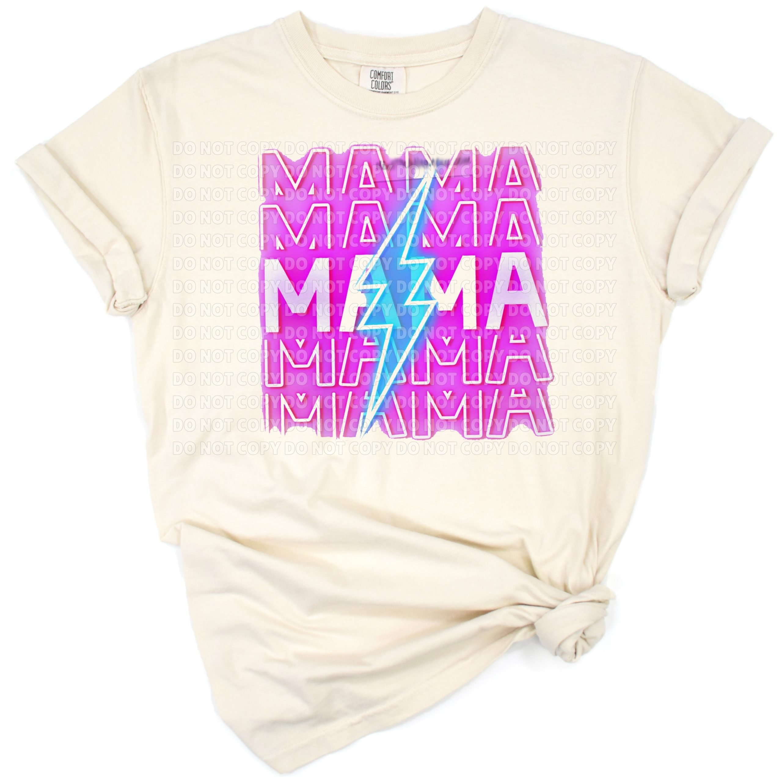 A vibrant pink lightning bolt with stacked 'mama' retro lettering in a bright neon style.