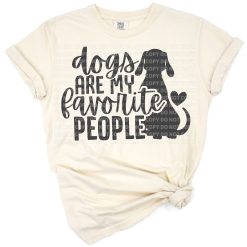 Retro style illustration with the phrase 'Dogs are my favorite people' and playful dog elements.