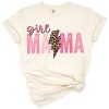 Distressed cheetah and leopard print lightning bolt with the words girl mama in retro style.