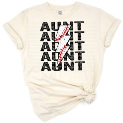 A distressed stacked design featuring baseball, t-ball, the word aunt, and a bold lightning bolt.