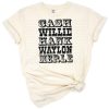 Retro artwork featuring names of legendary country music artists with a western bleached effect.