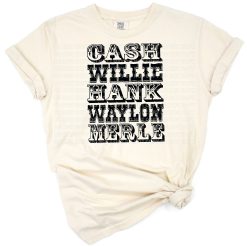 Retro artwork featuring names of legendary country music artists with a western bleached effect.