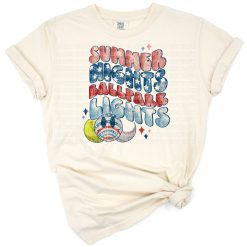 Retro summer night design with ballpark lights, softball, and baseball theme artwork.