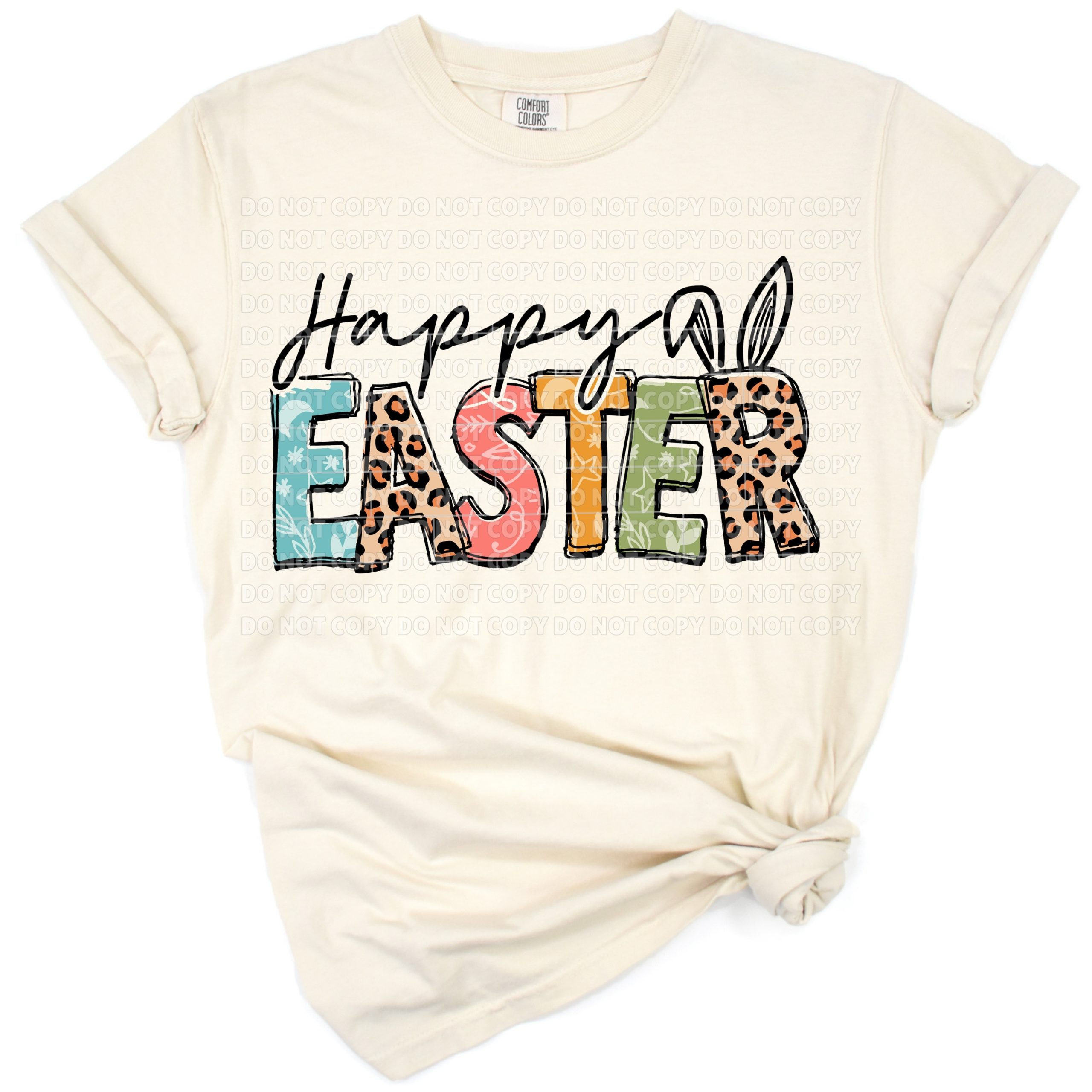A cute leopard-patterned bunny with playful Easter accents and spring colors.
