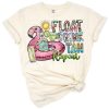 Retro summer design with the words float drink tan repeat and cheerful colors for warm weather.