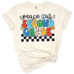 Retro boy with peace sign and groovy second grade school style artwork