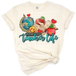 A grunge style Teacher Life graphic with classroom elements.