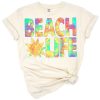 A colorful retro beach scene with sunshine, waves, and the phrase 'beach life salty beach' in playful lettering.