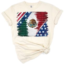 Distressed illustration of Mexico and USA flags merged in a retro patriotic style.