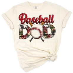 A retro style design featuring a baseball, cap, and glove with bold dad lettering.