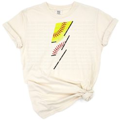 Distressed lightning bolt design with baseball and softball elements.