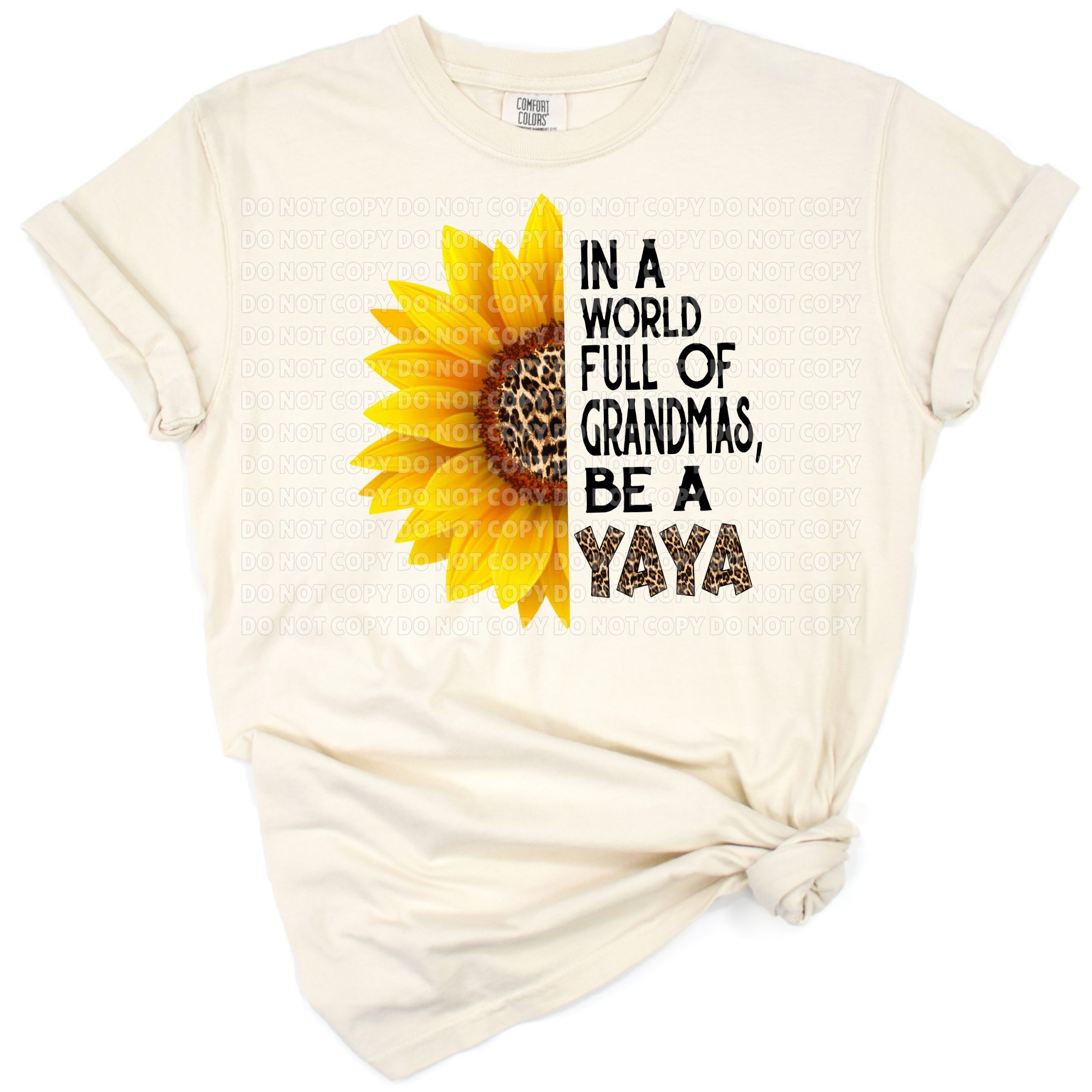 A vibrant sunflower with leopard print detailing and the word Yaya in cheerful script.