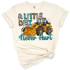 A cute hand drawn bulldozer and construction vehicles surrounded by playful dirt design.