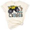 A colorful monster truck crushing decorated Easter eggs with a cute bunny and western theme.