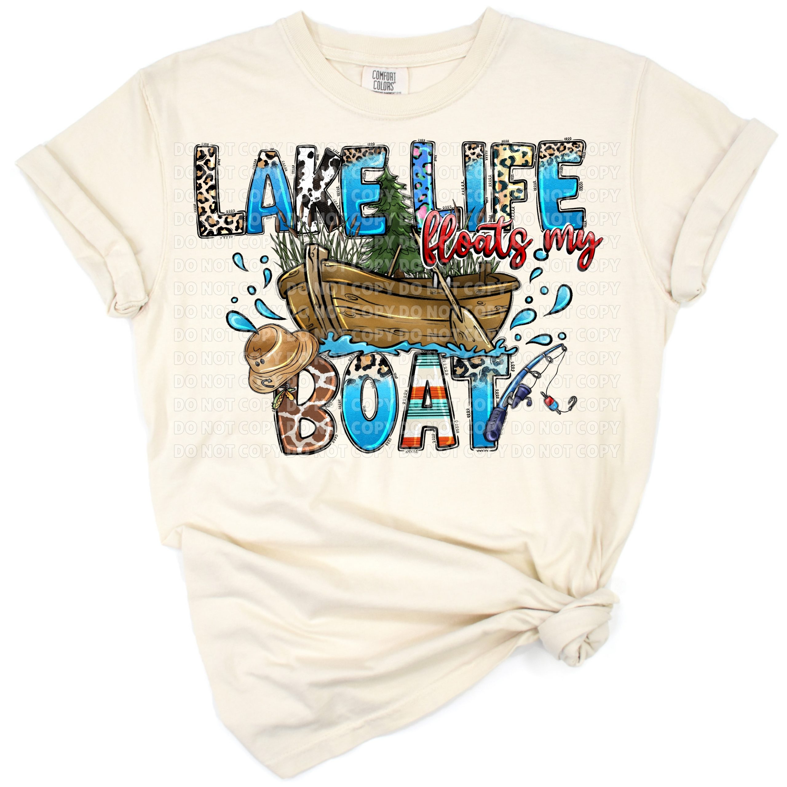 Western lake scene featuring serape and cowhide patterns in a cheerful outdoor design.