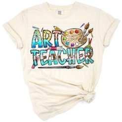 A western-style art teacher illustration with creative school-themed graphics and boho accents.