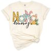 Hand drawn cartoon bunny with Easter accents and a cheerful grandma theme.