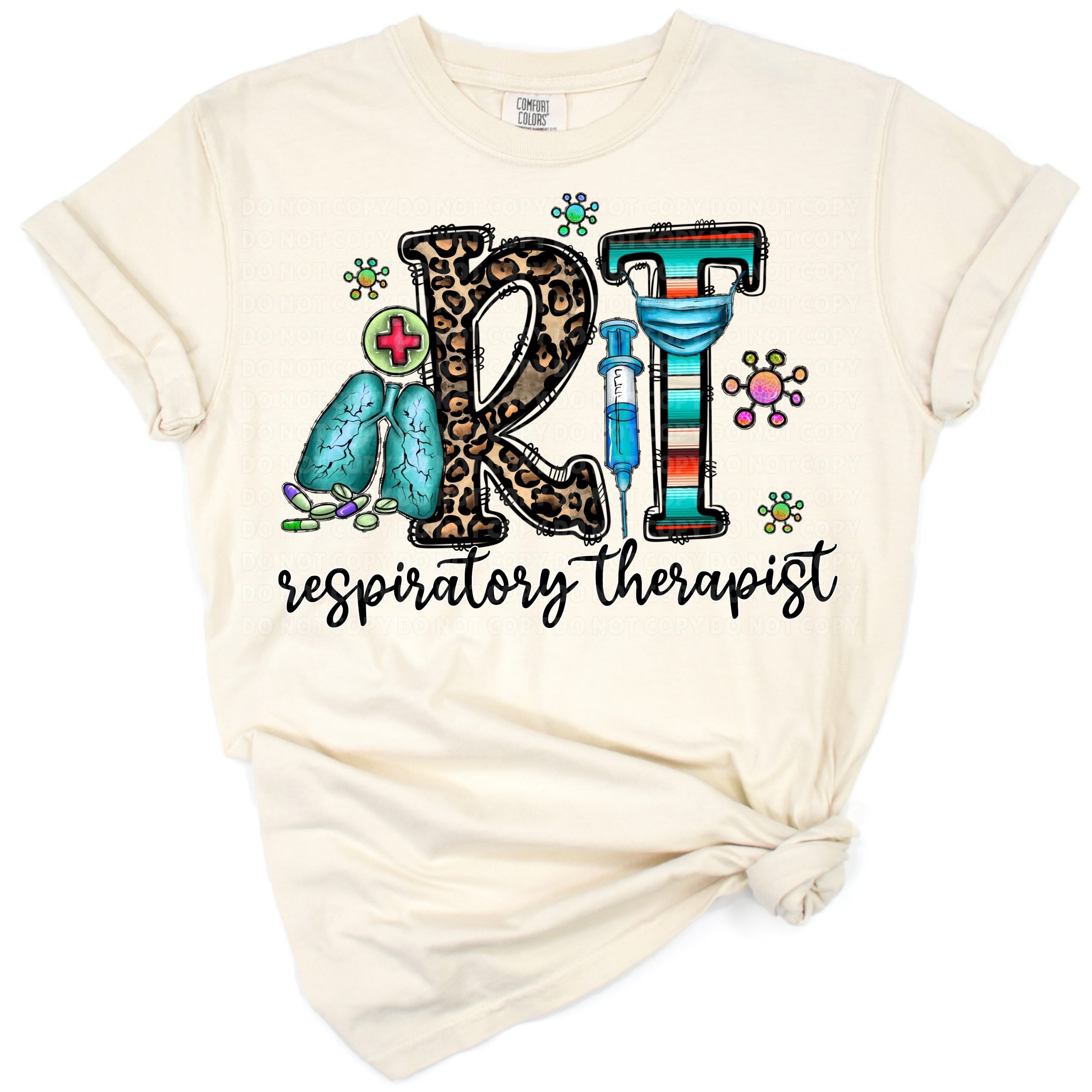 A leopard print western-themed artwork with respiratory therapy symbols and nurse accents.