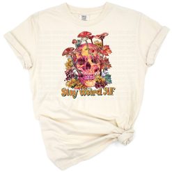 Hand drawn skeleton head with flowers and mushrooms in a whimsical grunge style.