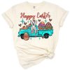 Vintage truck filled with bunnies and Easter eggs in a cheerful spring scene.