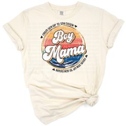 A retro rainbow design with the phrase 'boy mama' in playful colorful lettering.