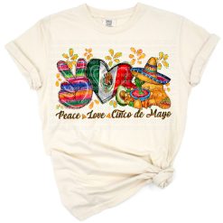 Peace symbol, heart, and festive Mexican elements in a colorful Cinco de Mayo themed design.
