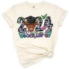 A playful western style cow design with graduation motifs for senior class of 2024.