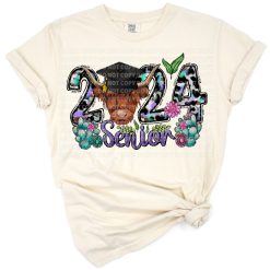 A playful western style cow design with graduation motifs for senior class of 2024.