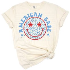 A retro groovy smiley face with leopard print and red, white, and blue accents.