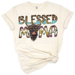 A western highland cow with sunflowers and a blessed mama theme in a rustic country style.