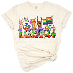 A colorful rainbow artwork with love and equality theme in a retro grunge style.
