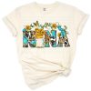 A playful Western grandmother with a gnome and bright sunflowers in a boho country art style.