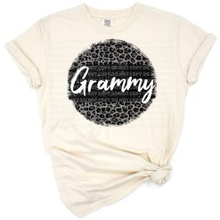 Black leopard print with stylish Grammy script in handwritten font.
