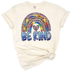 A colorful rainbow with the words Be Kind and autism awareness elements.