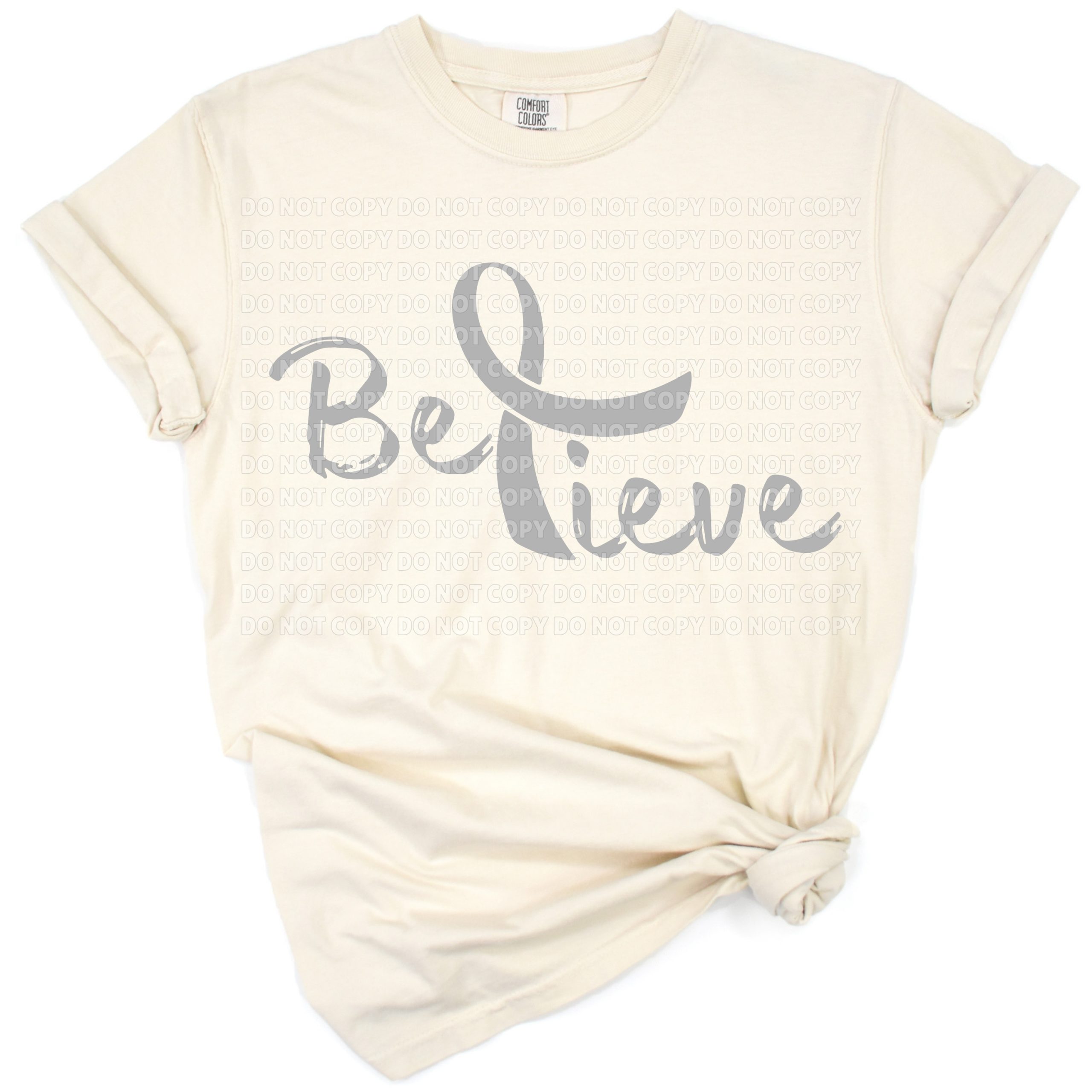 A grey ribbon with the word believe, symbolizing brain cancer awareness and support.