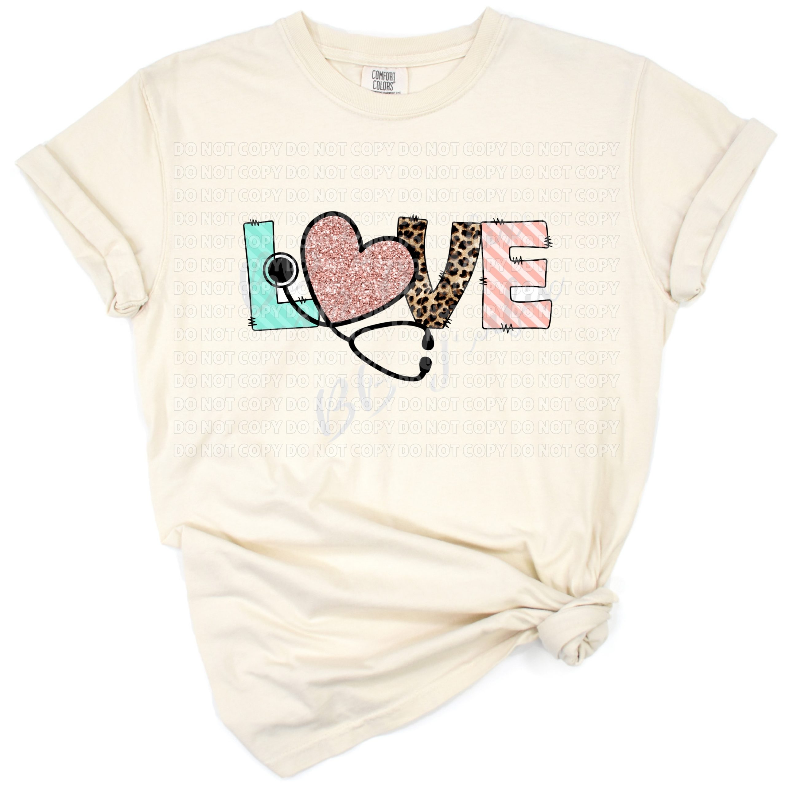 A love-themed design featuring a stethoscope heart with leopard, blush rose, and pale teal accents.