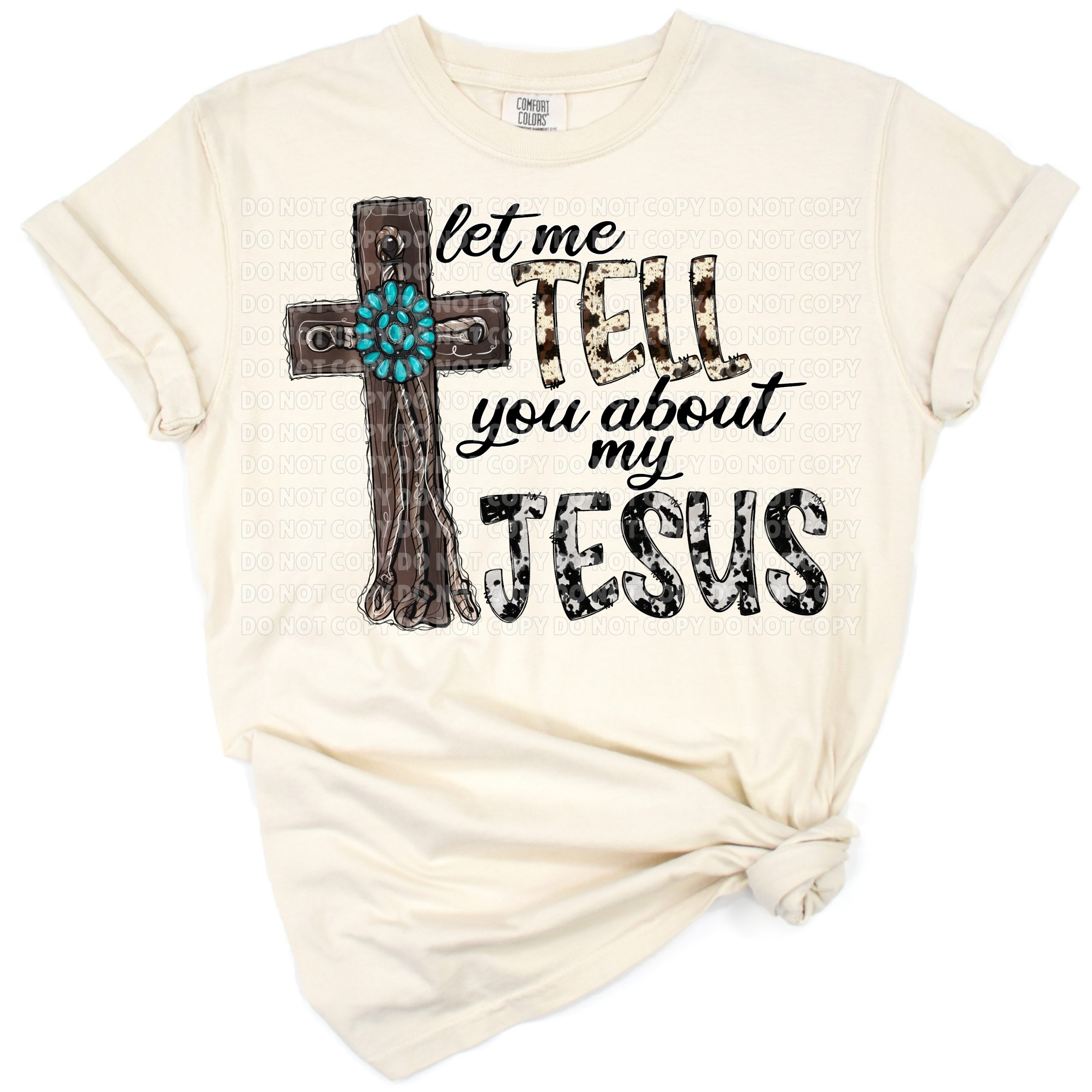 A turquoise gemstone and cowhide patterned decorative cross with western styling and rustic flair.