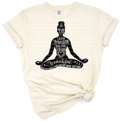 A tranquil illustration of a woman meditating surrounded by motivational and empowering elements.