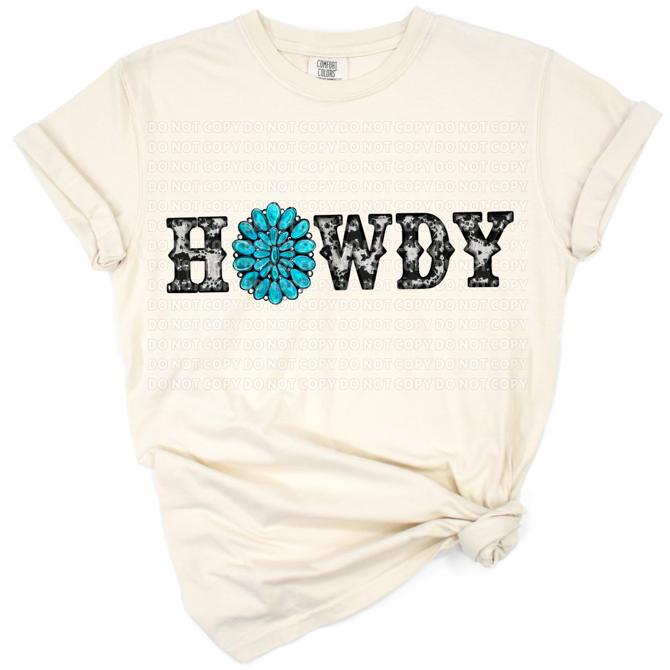 Retro western howdy phrase with cowhide print and turquoise gemstone accents.