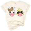 A cute bubble gum bunny and chick in pastel colors with a playful Easter theme.