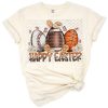 A cheerful Easter bunny holding sports equipment surrounded by colorful spring elements.