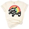 Retro rainbow and 'Just Pray' text with a vintage tie dye look.