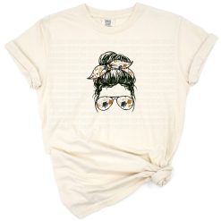 A messy bun hairstyle with sunglasses and hairband, designed for graduation themes.