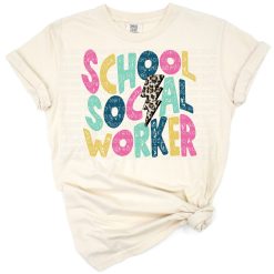 A retro style illustration reading School Social Worker with colorful accents