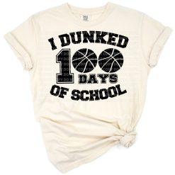 A playful illustration of a basketball being dunked with fun school-themed accents.